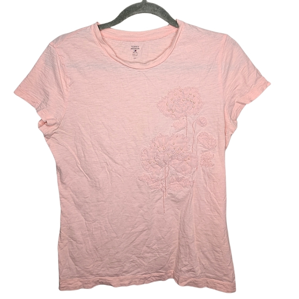 Tommy Hilfiger Light Pink Embroidered Floral‎ Tee Short Sleeve Size Large